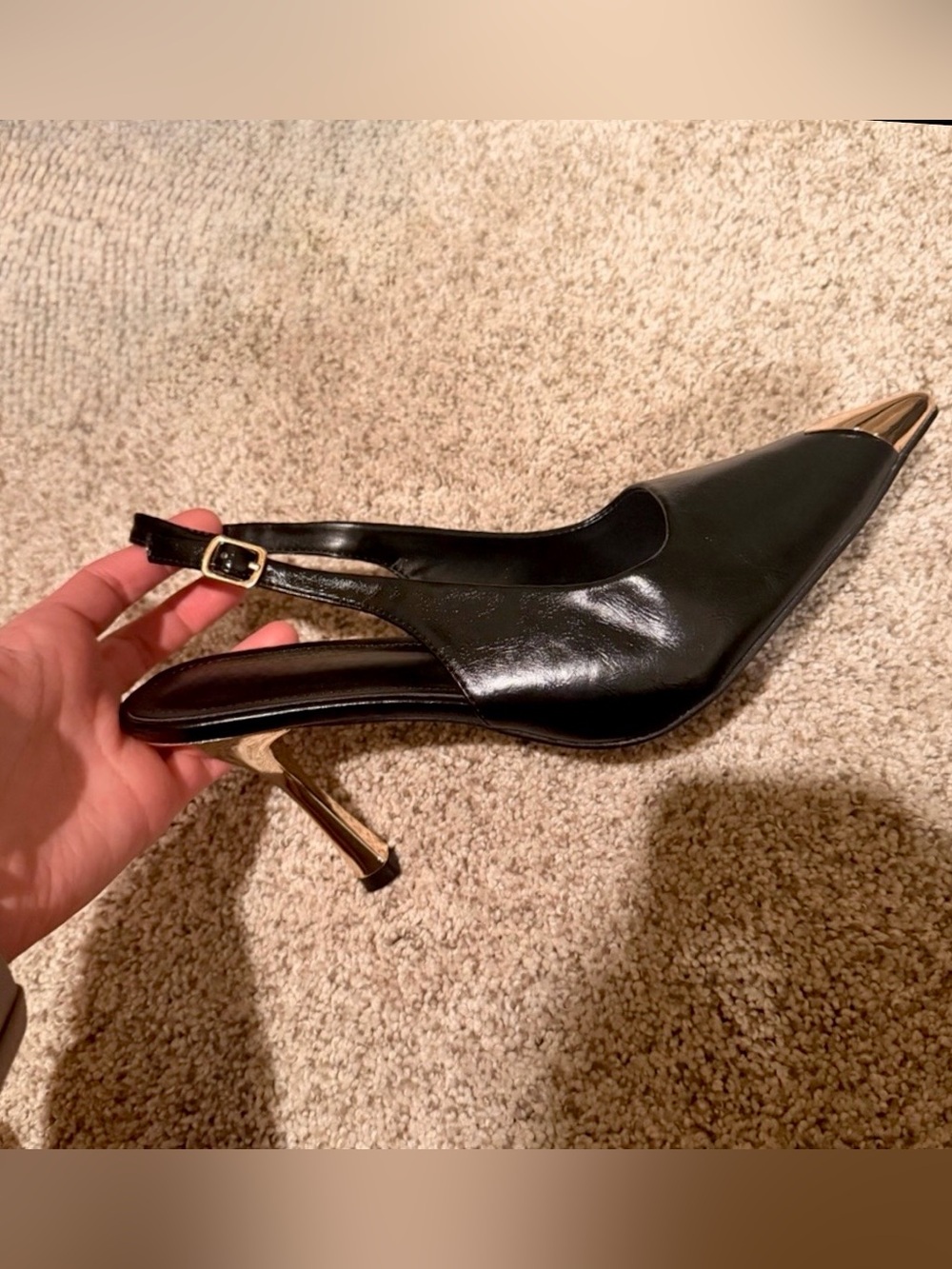 Black faux leather heels gold heel K gold cap toe Slingback Pointed Toe heels